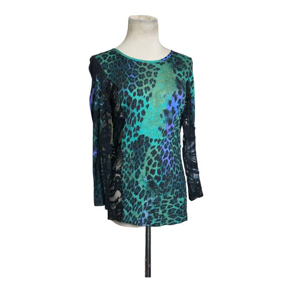 Emilio Pucci Green Purple Animal Print Lace Detail 3/4 Sleeve Top Sz US 6 - Picture 11 of 16